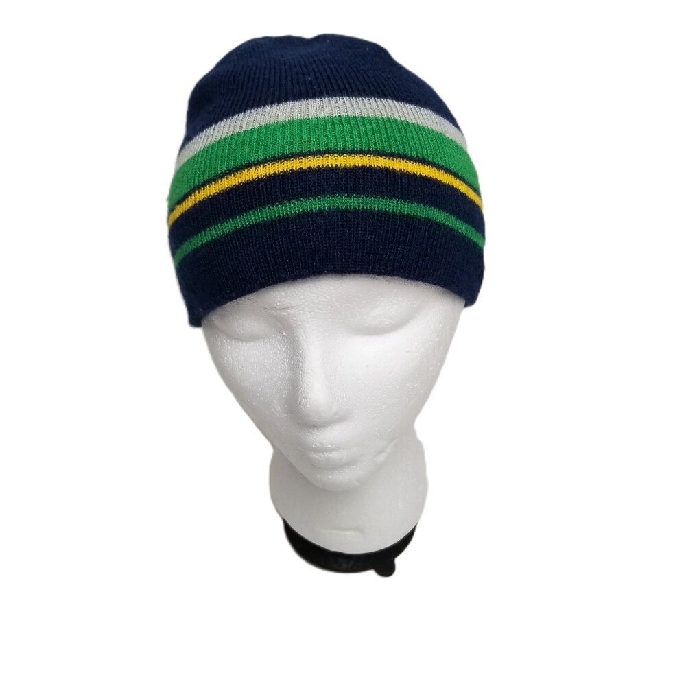 GMI Striped Beanie Boys Navy Green Yellow Knit Acrylic Preppy Winter Hat